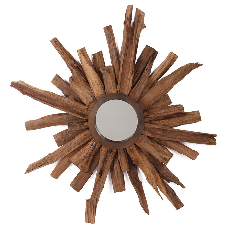 Contemporary Teak Wood Sunburst Wall Mirror - Creative Natural Teak Decorative Mirror For Living Room