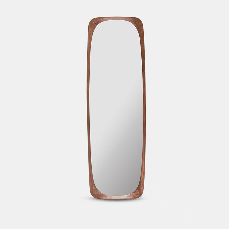 Contemporary Nordic Rectangular Rounded Walnut Solid Wood & Plywood Glass Full-Length Floor Mirror Freestanding & Wall-Mounted For Bedroom Living Room