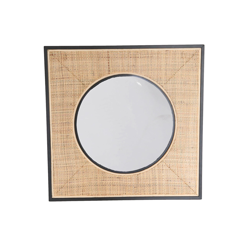 Square Iron & Natural Rattan Wall Mirror - Nordic Interiors Artistic Decorative Mirror For Living Room
