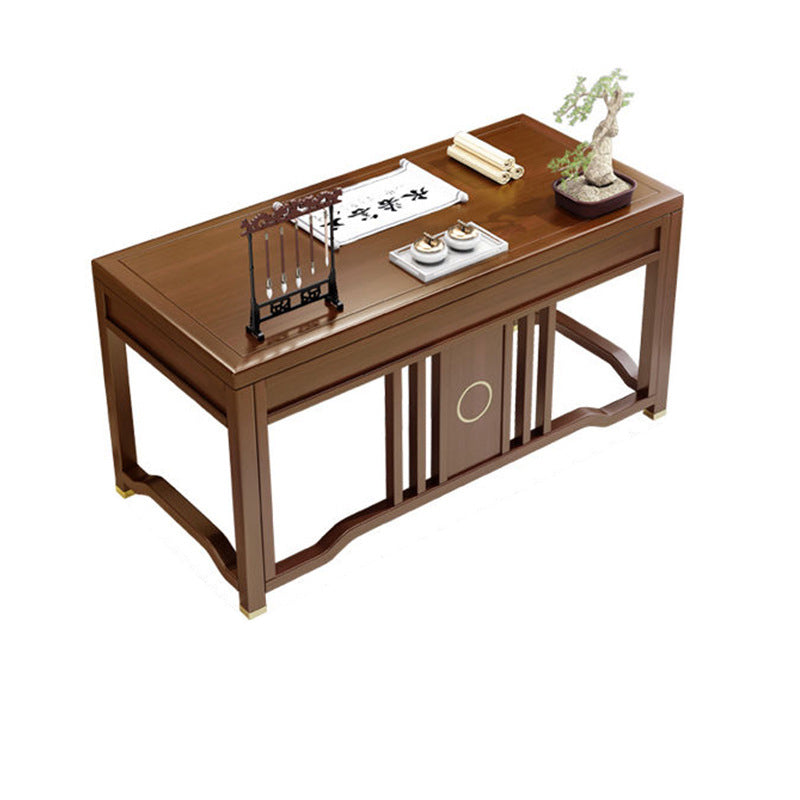 Traditional Chinese Solid Rubber Wood Brass Rectangular Vertical Beam Desk & Chair Set 3-Drawer For Home Office