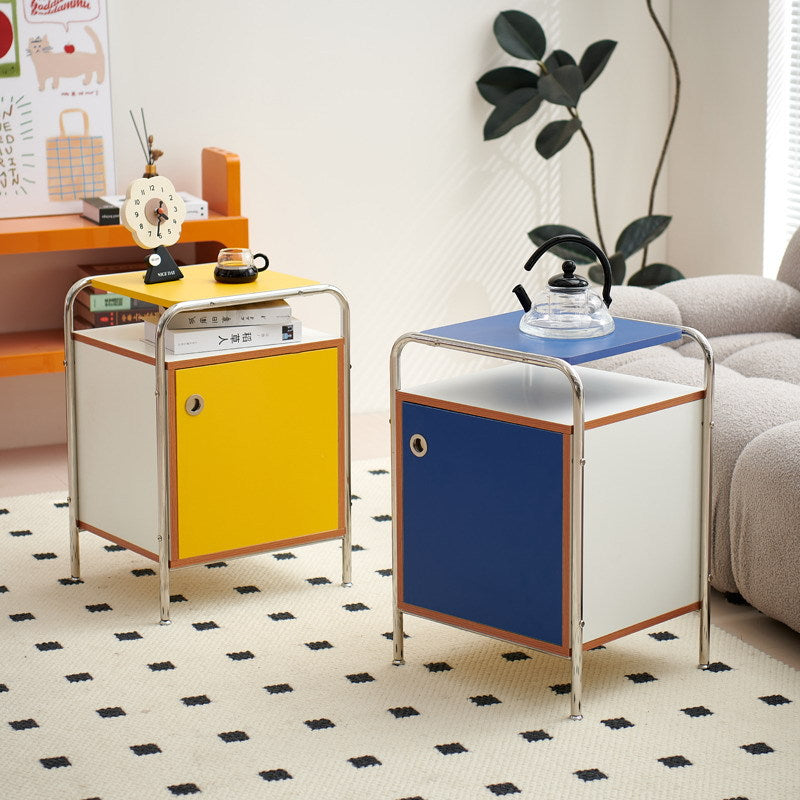 Contemporary Nordic Rectangular Wood Plate Stainless Steel Nightstand 1-Cabinet For Bedroom