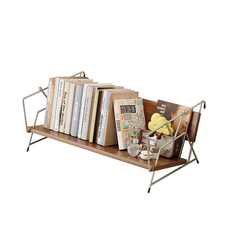 Modern Minimalist Plywood Stainless Steel Carbon Steel Rectangular Lightweight Desktop Bookshelf 1-Layer For Bedroom & Study