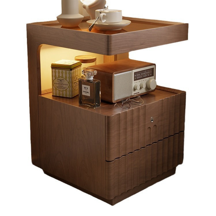 Traditional Chinese Solid Wood Glass Striped Square Nightstand With 2-Drawers For Bedroom