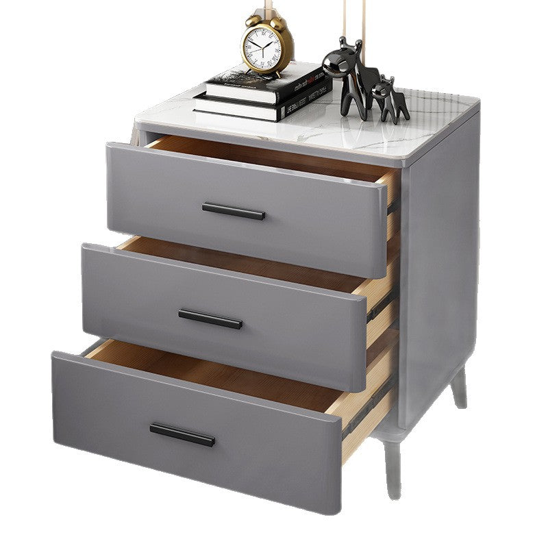 Modern Luxury Sintered Stone Rubberwood Rounded Rectangular Cylindrical Nightstand With 3 Drawers For Bedroom