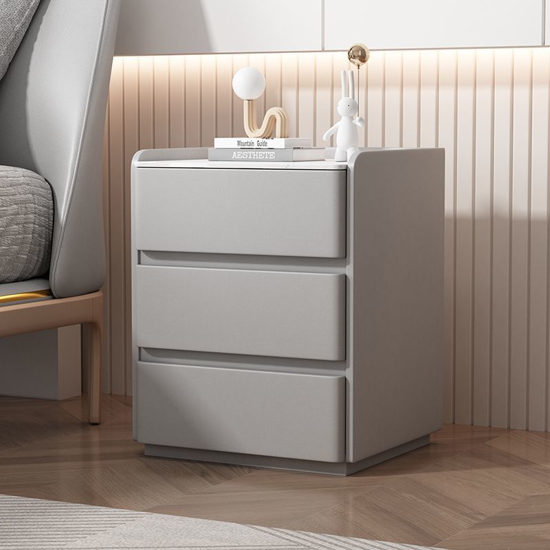 Modern Minimalist Rectangular Pine Wood Cat Scratch Resistant Leather Rock Slab Nightstand 3-Drawer For Bedroom