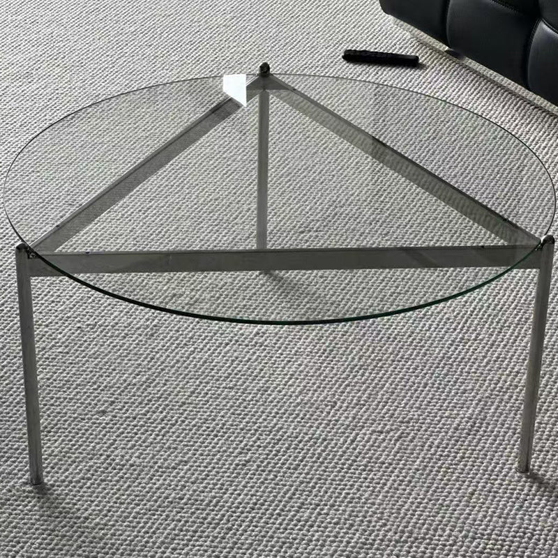 Modern Minimalist Round Triangle Tempered Glass Stainless Steel Coffee Table 1-Tier For Living Room