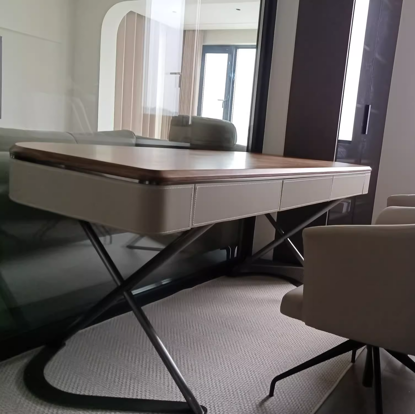 Modern Minimalist Saddle Leather Wood Stainless Steel Oval X-Shape Leg Desks 2-Drawer For Home Office