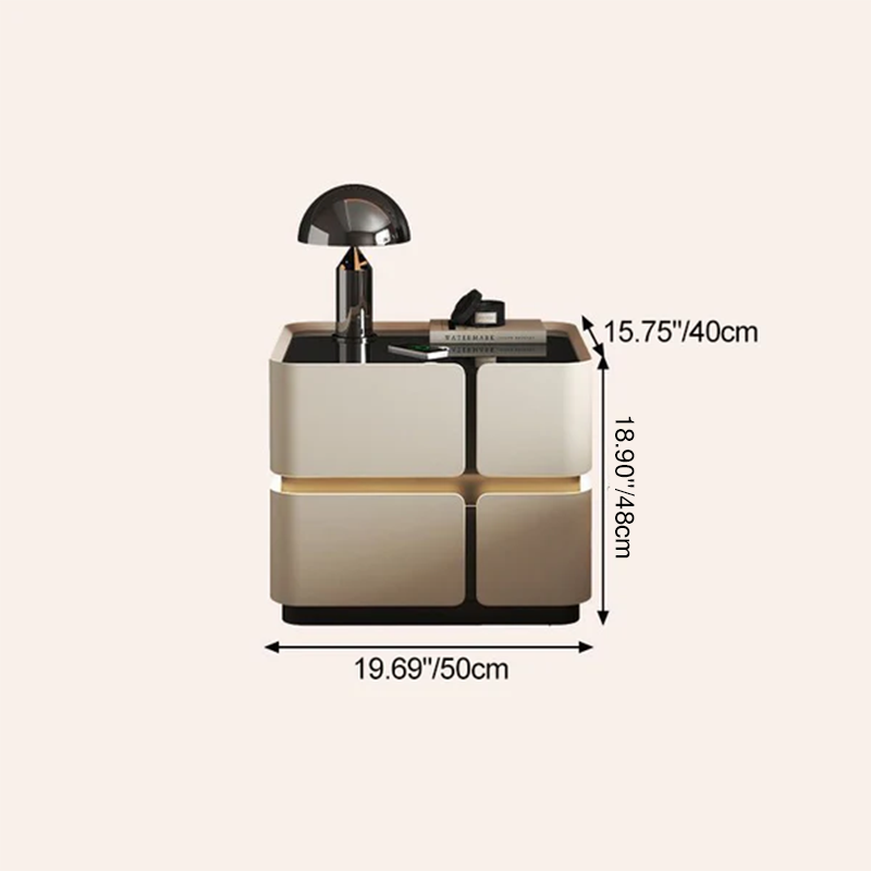 Contemporary Nordic Square Cube Sensor Light Wireless Charging Glass Cat Scratch Leather Pine Medium Density Fiberboard Nightstand 2/3 - Drawer For Bedroom