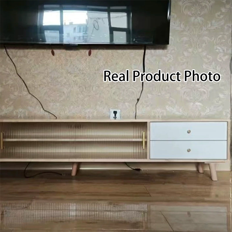 Modern Minimalist Rectangle Rubberwood Eco-Friendly Engineered Wood Plywood Glass TV Stand 2-Drawer For Living Room