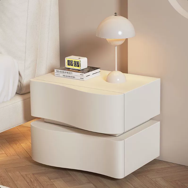 Contemporary Creative Cat-Scratch Resistant Leather MDF Metal Curved Square Nightstand With 2 Drawers For Bedroom