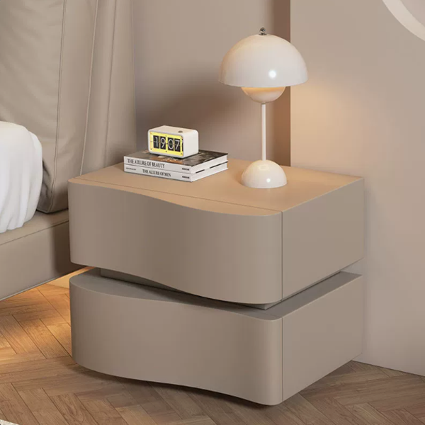 Contemporary Creative Cat-Scratch Resistant Leather MDF Metal Curved Square Nightstand With 2 Drawers For Bedroom