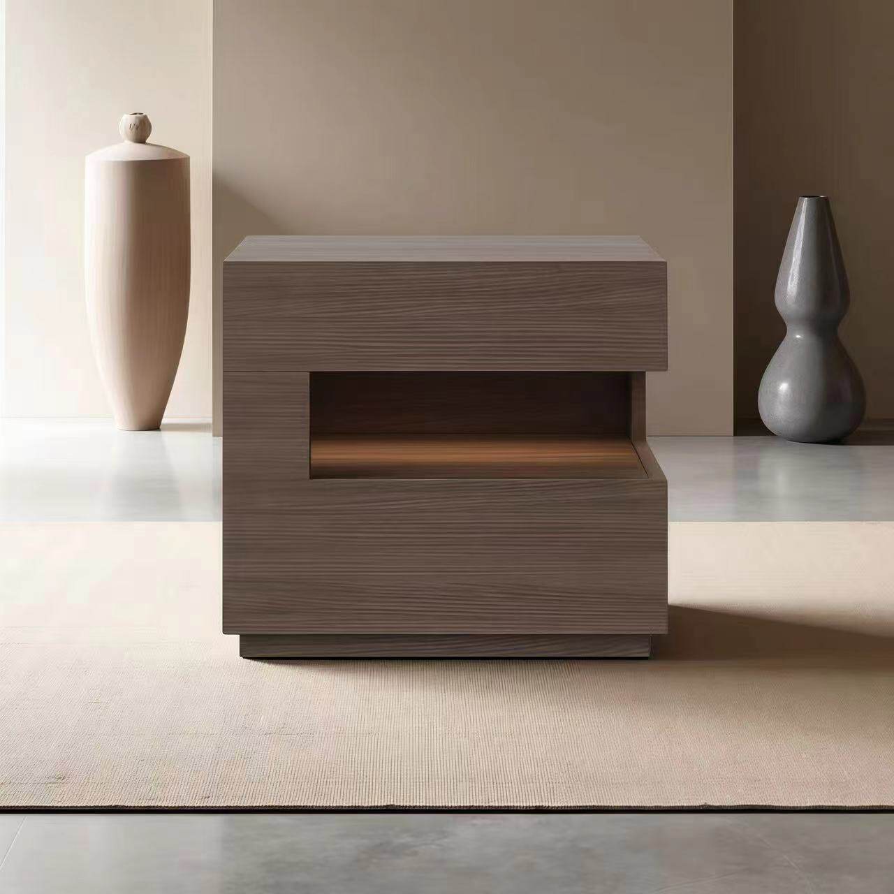 Modern Minimalist Square Rectangular Particle Board Nightstand 2-Tier For Bedroom