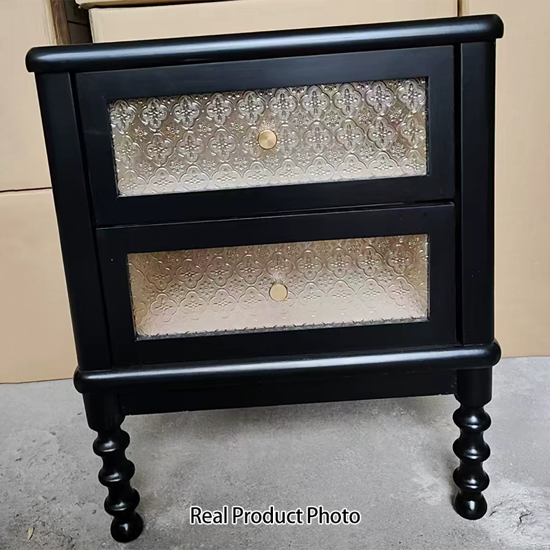 Traditional Vintage Solid Wood Glass Metal Patterned Square Nightstand With 2 Drawers For Bedroom