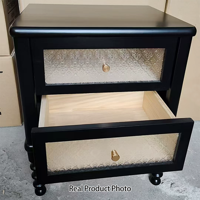 Traditional Vintage Solid Wood Glass Metal Patterned Square Nightstand With 2 Drawers For Bedroom