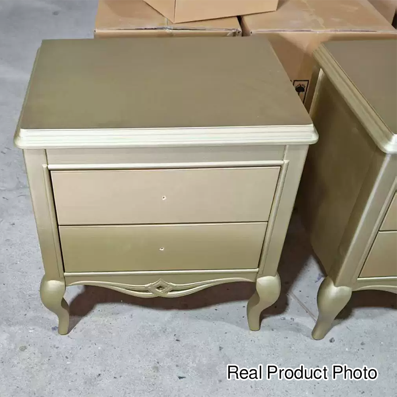 Traditional French Rubberwood Plywood Pine Wood Champagne Gold Nightstand With Cabriole Legs 2-Drawer For Bedroom