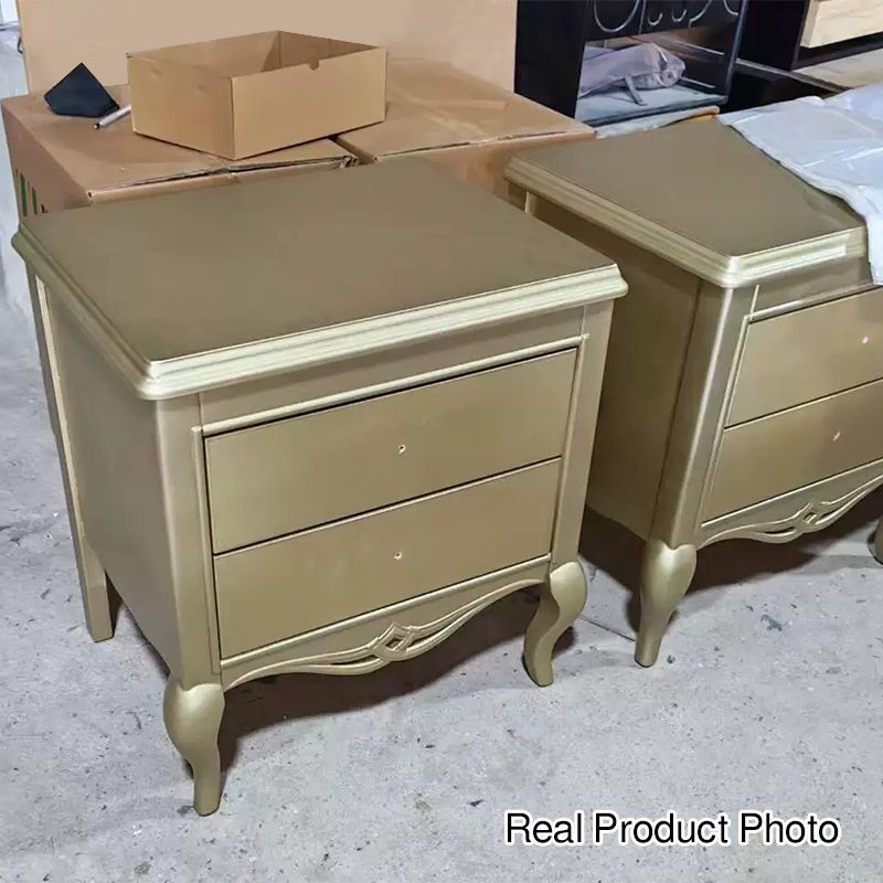 Traditional French Rubberwood Plywood Pine Wood Champagne Gold Nightstand With Cabriole Legs 2-Drawer For Bedroom