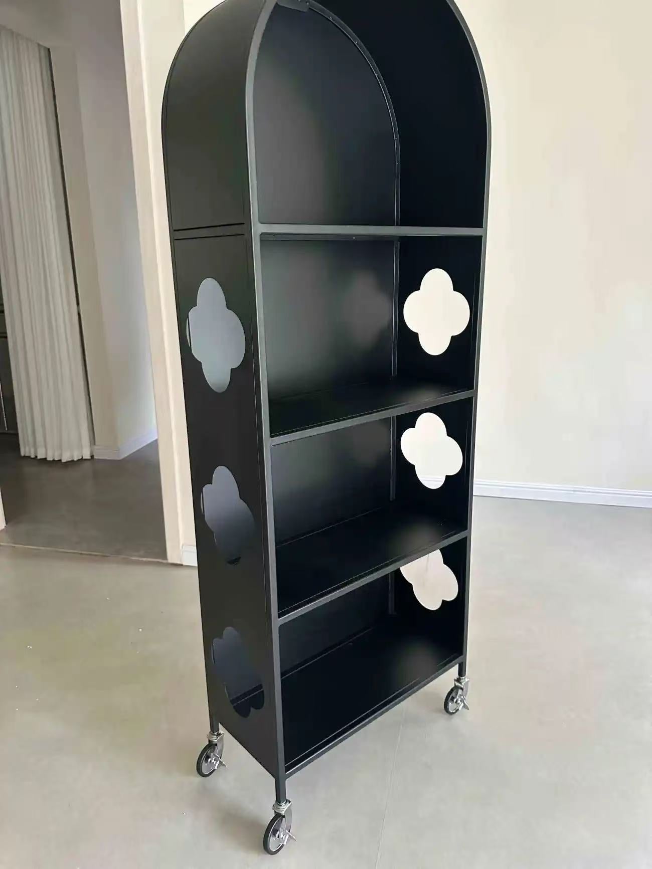 Contemporary Nordic Arched Carbon Steel Glass Movable Bookshelves 4-Tier With Mirror For Living Room