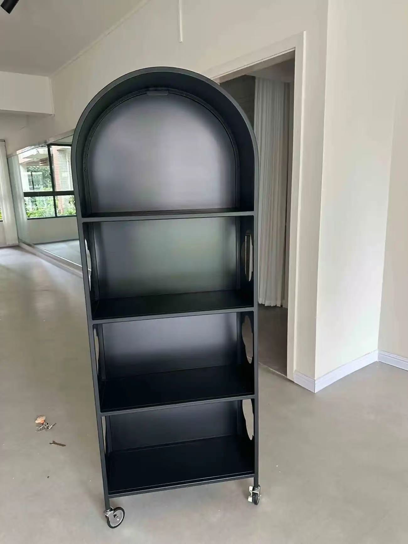 Contemporary Nordic Arched Carbon Steel Glass Movable Bookshelves 4-Tier With Mirror For Living Room