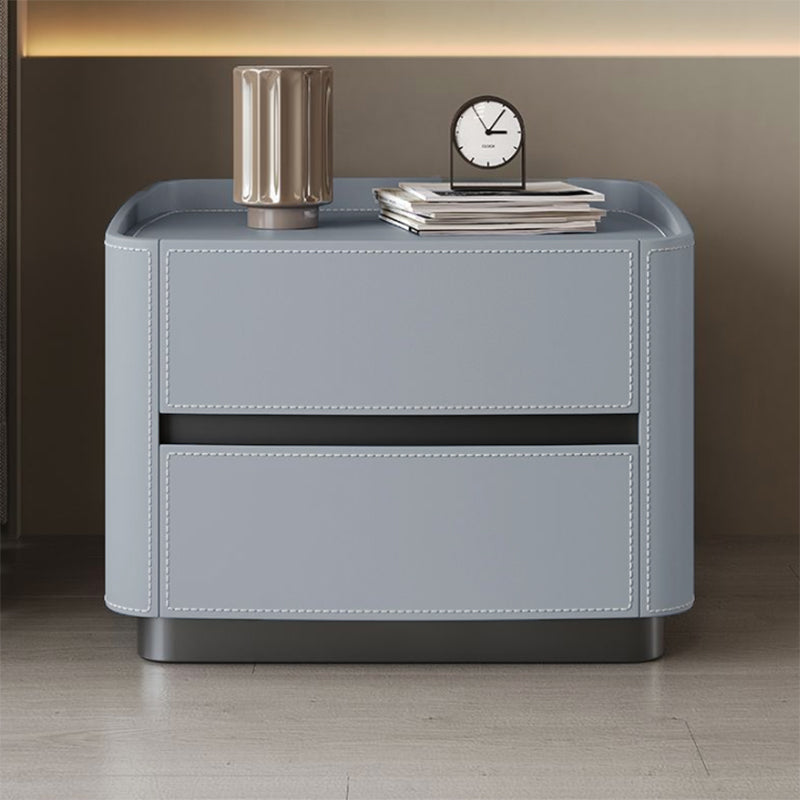 Modern Minimalist Square Rectangular Saddle Leather Solid Wood Solid Wood Plywood Nightstand 2-Drawer For Bedroom