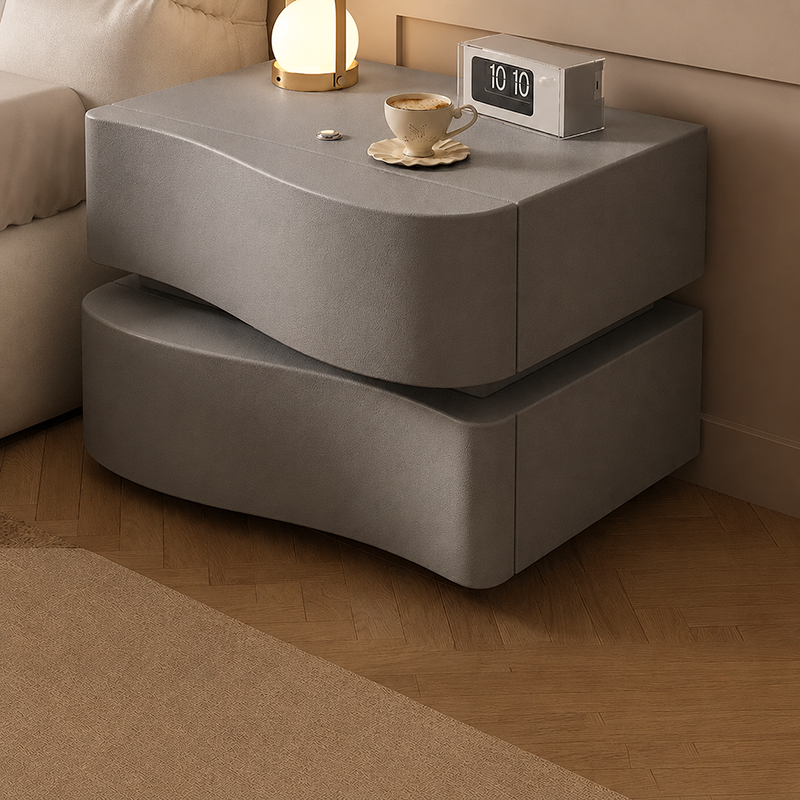 Contemporary Creative Cat-Scratch Resistant Leather MDF Metal Curved Square Nightstand With 2 Drawers For Bedroom