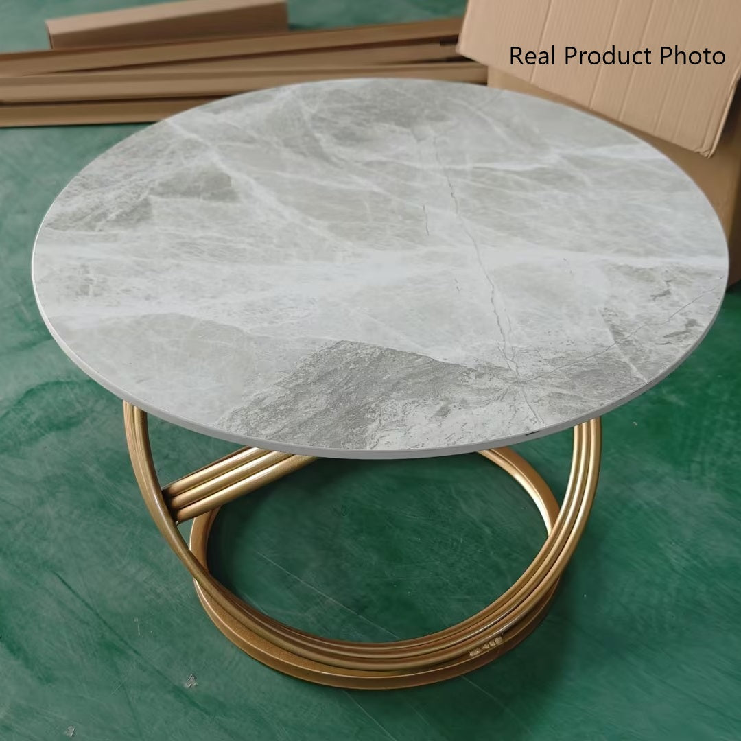 Contemporary Scandinavian Sintered Stone Metal Round Curved Lines Coffee Table 1 Tier For Living Room