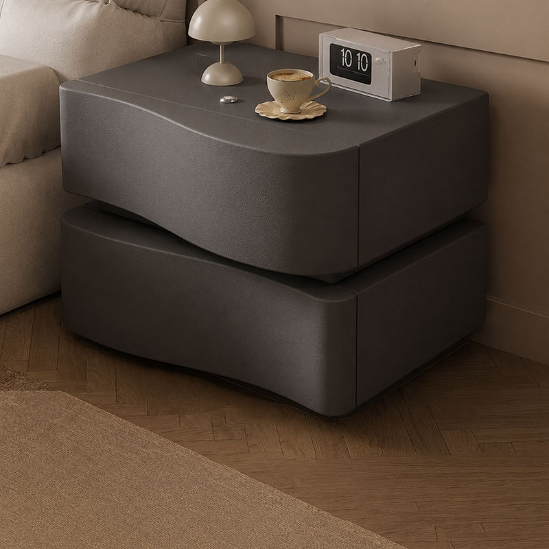 Contemporary Creative Cat-Scratch Resistant Leather MDF Metal Curved Square Nightstand With 2 Drawers For Bedroom