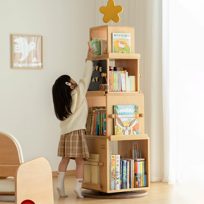 Contemporary Nordic Solid Beech Wood Rotating Kids Bookshelf - 4 Tier Children’s Book & Toy Storage Organizer With Chalkboard Panels