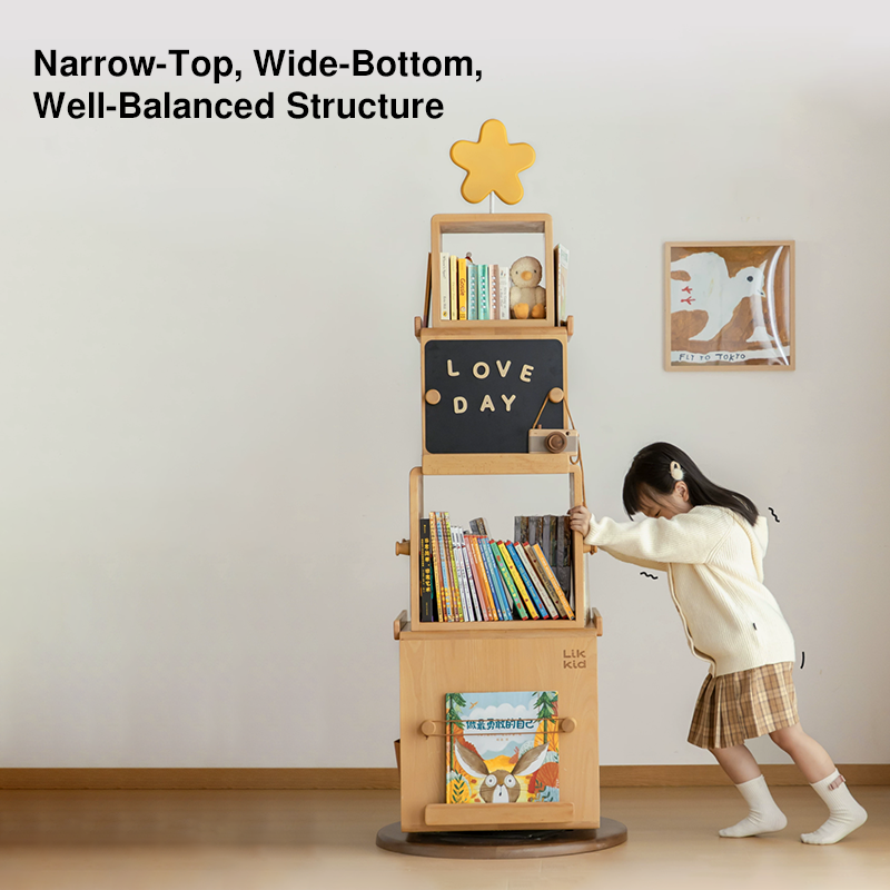 Contemporary Nordic Solid Beech Wood Rotating Kids Bookshelf - 4 Tier Children’s Book & Toy Storage Organizer With Chalkboard Panels