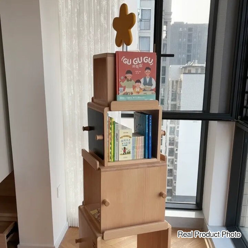 Contemporary Nordic Solid Beech Wood Rotating Kids Bookshelf - 4 Tier Children’s Book & Toy Storage Organizer With Chalkboard Panels