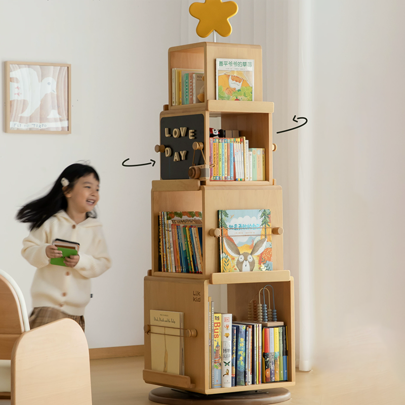 Contemporary Nordic Solid Beech Wood Rotating Kids Bookshelf - 4 Tier Children’s Book & Toy Storage Organizer With Chalkboard Panels