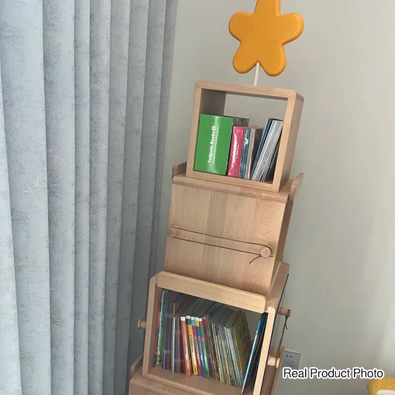 Contemporary Nordic Solid Beech Wood Rotating Kids Bookshelf - 4 Tier Children’s Book & Toy Storage Organizer With Chalkboard Panels