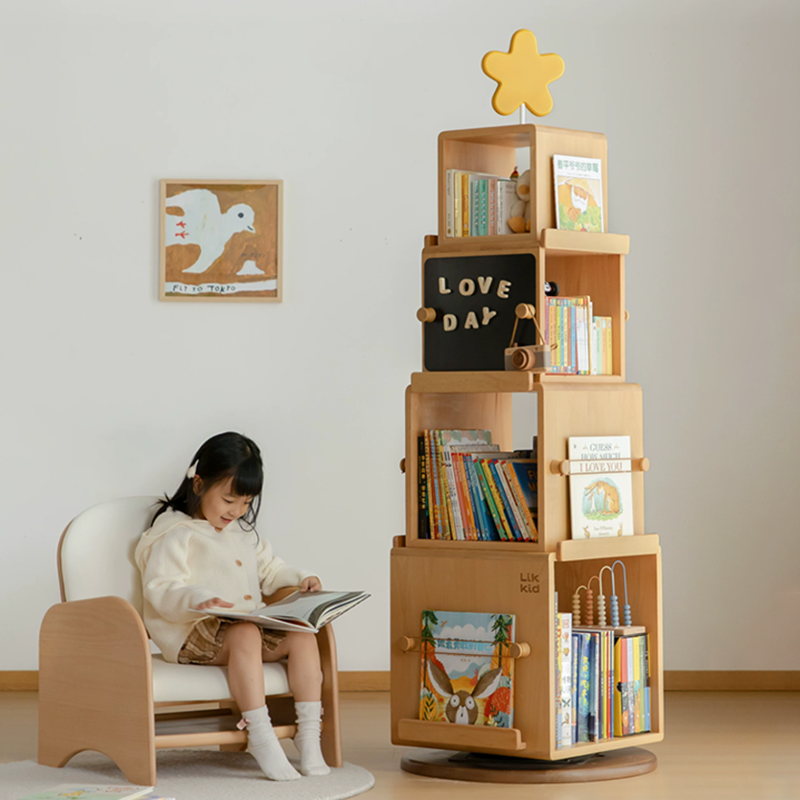 Contemporary Nordic Solid Beech Wood Rotating Kids Bookshelf - 4 Tier Children’s Book & Toy Storage Organizer With Chalkboard Panels