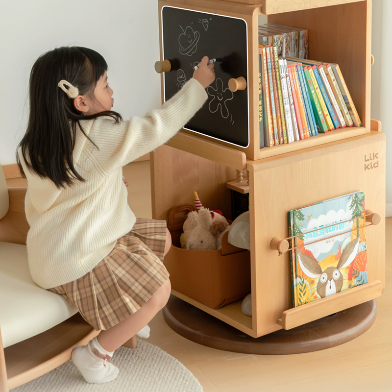 Contemporary Nordic Solid Beech Wood Rotating Kids Bookshelf - 4 Tier Children’s Book & Toy Storage Organizer With Chalkboard Panels
