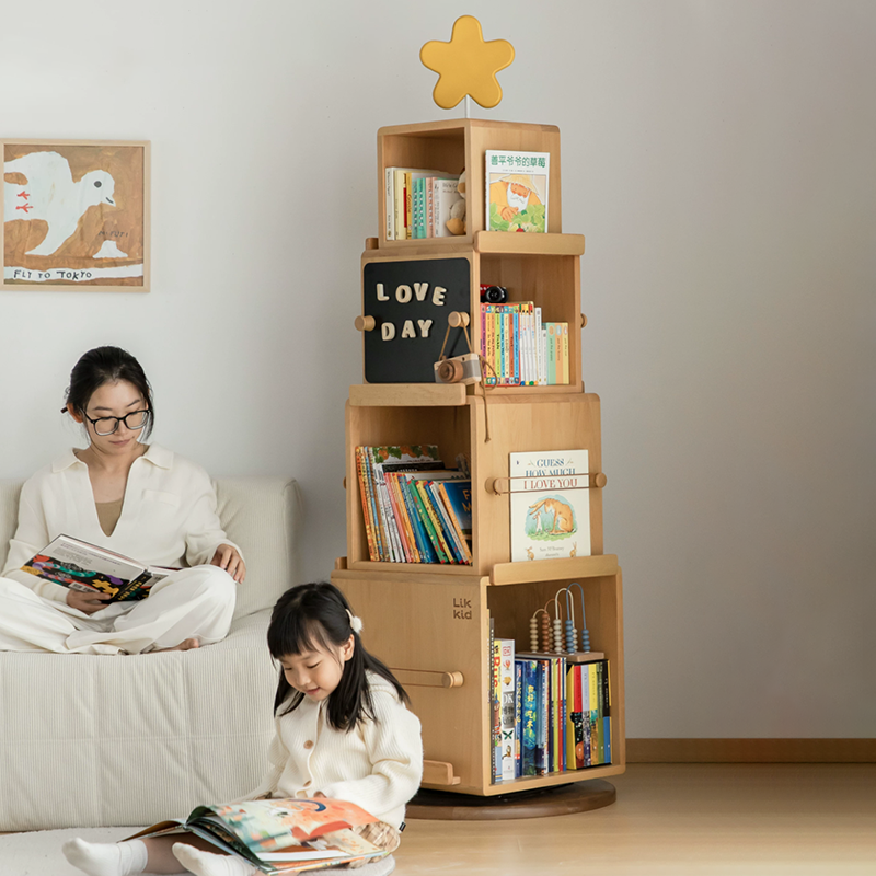 Contemporary Nordic Solid Beech Wood Rotating Kids Bookshelf - 4 Tier Children’s Book & Toy Storage Organizer With Chalkboard Panels