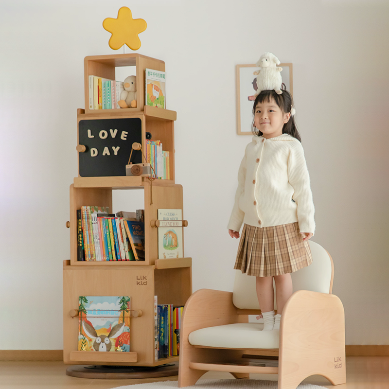Contemporary Nordic Solid Beech Wood Rotating Kids Bookshelf - 4 Tier Children’s Book & Toy Storage Organizer With Chalkboard Panels