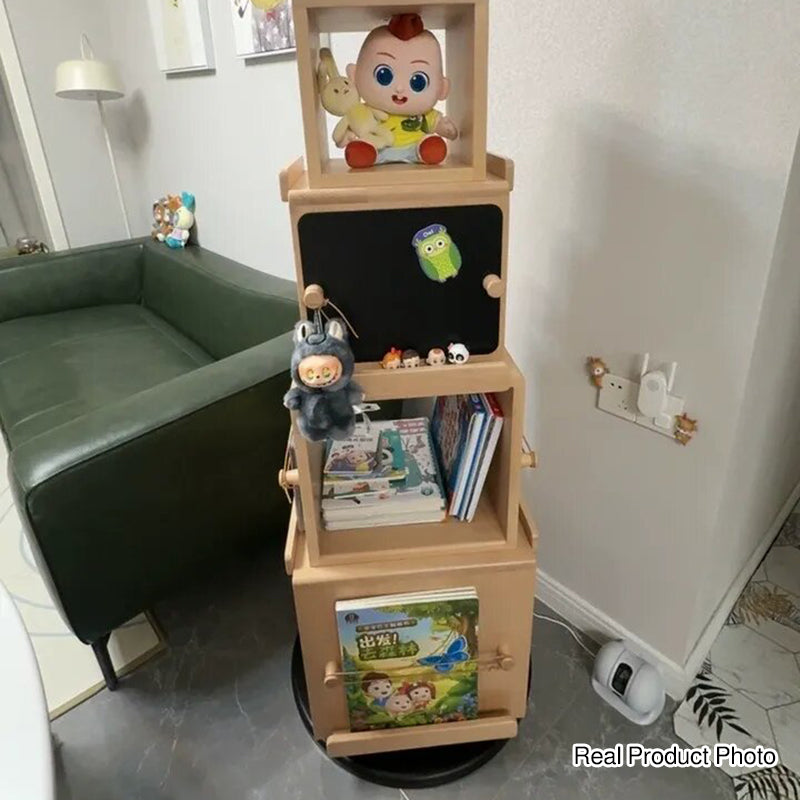 Contemporary Nordic Solid Beech Wood Rotating Kids Bookshelf - 4 Tier Children’s Book & Toy Storage Organizer With Chalkboard Panels
