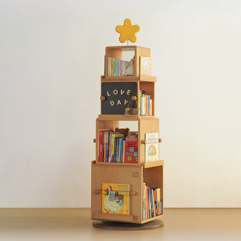 Contemporary Nordic Solid Beech Wood Rotating Kids Bookshelf - 4 Tier Children’s Book & Toy Storage Organizer With Chalkboard Panels