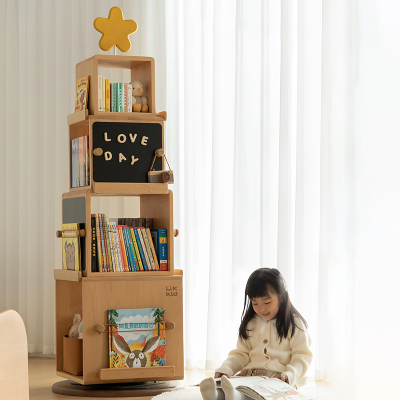 Contemporary Nordic Solid Beech Wood Rotating Kids Bookshelf - 4 Tier Children’s Book & Toy Storage Organizer With Chalkboard Panels