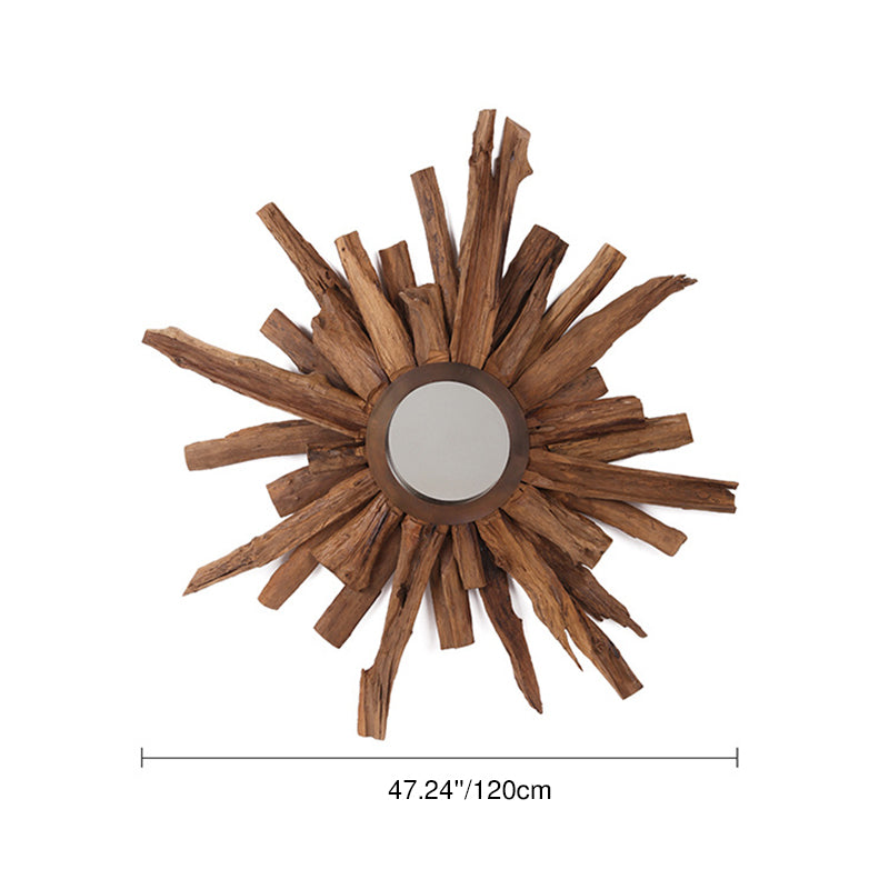 Contemporary Teak Wood Sunburst Wall Mirror - Creative Natural Teak Decorative Mirror For Living Room