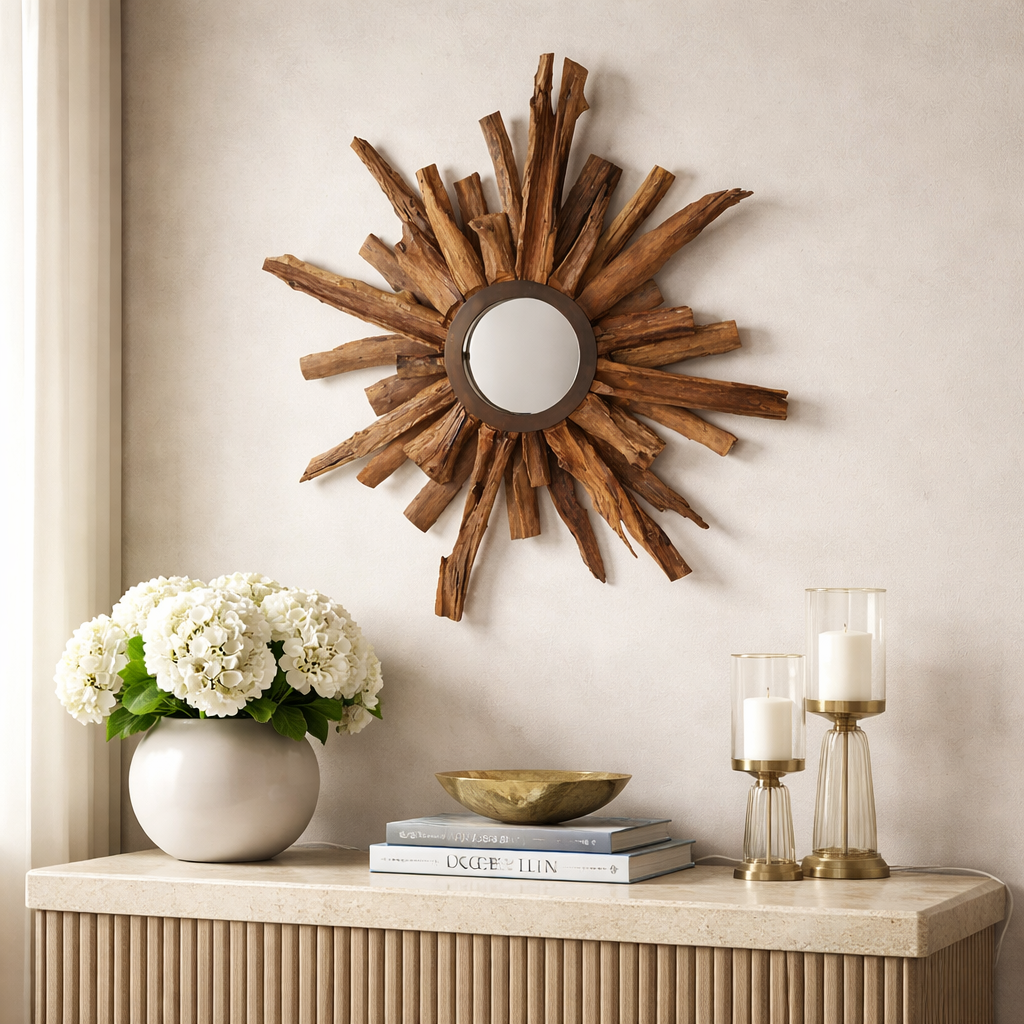 Contemporary Teak Wood Sunburst Wall Mirror - Creative Natural Teak Decorative Mirror For Living Room