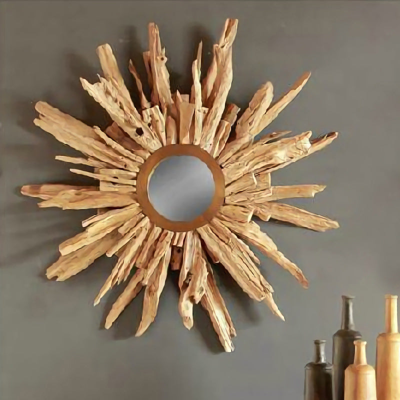 Contemporary Teak Wood Sunburst Wall Mirror - Creative Natural Teak Decorative Mirror For Living Room