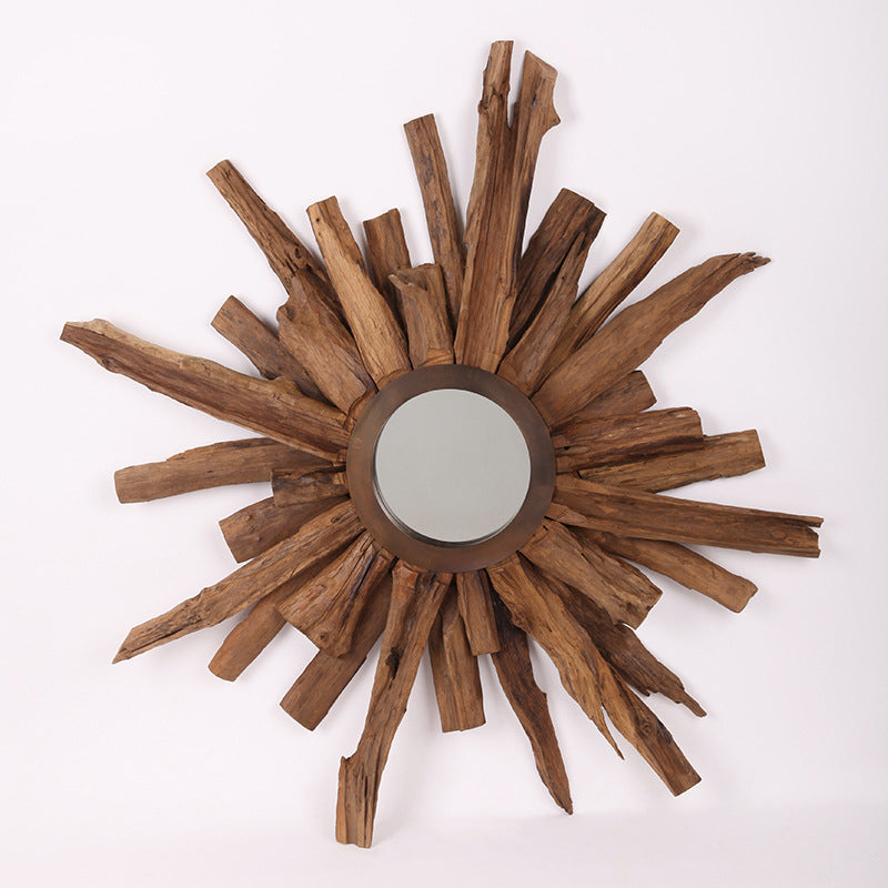 Contemporary Teak Wood Sunburst Wall Mirror - Creative Natural Teak Decorative Mirror For Living Room
