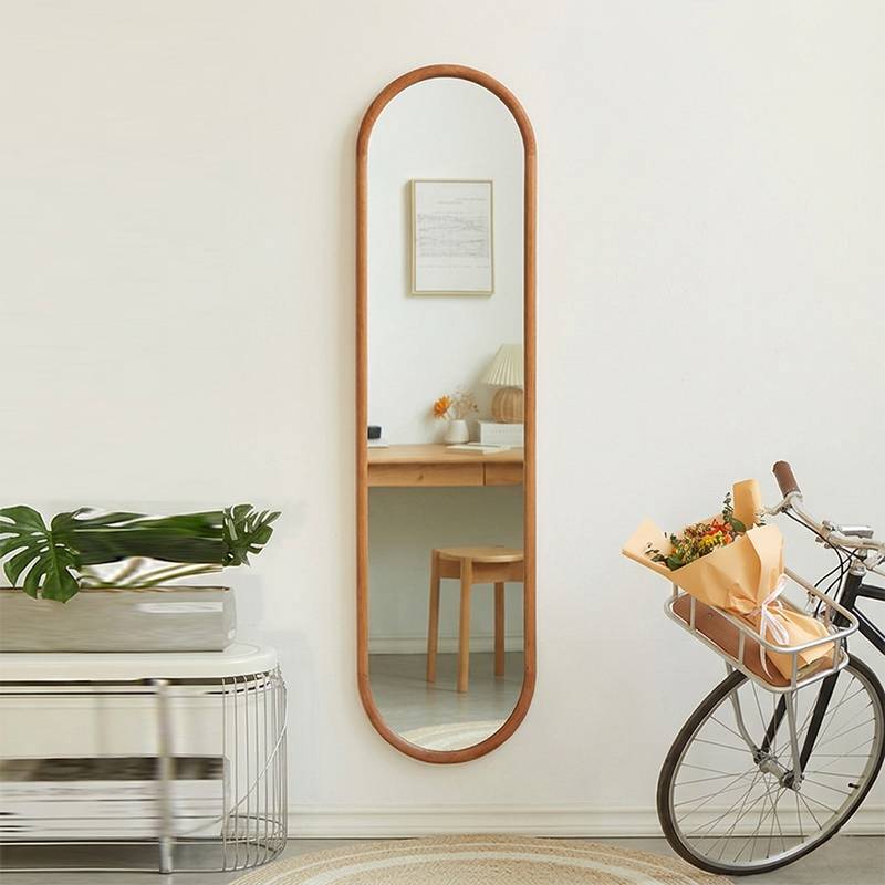 Contemporary Nordic Walnut Cherry Wood & Plywood Glass Oval Wall Mirror With Floor-Standing & Wall-Mounted Design For Entryway, Living Room, Bedroom