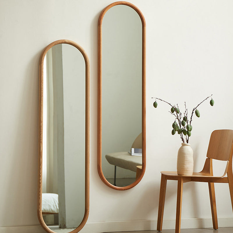 Contemporary Nordic Walnut Cherry Wood & Plywood Glass Oval Wall Mirror With Floor-Standing & Wall-Mounted Design For Entryway, Living Room, Bedroom