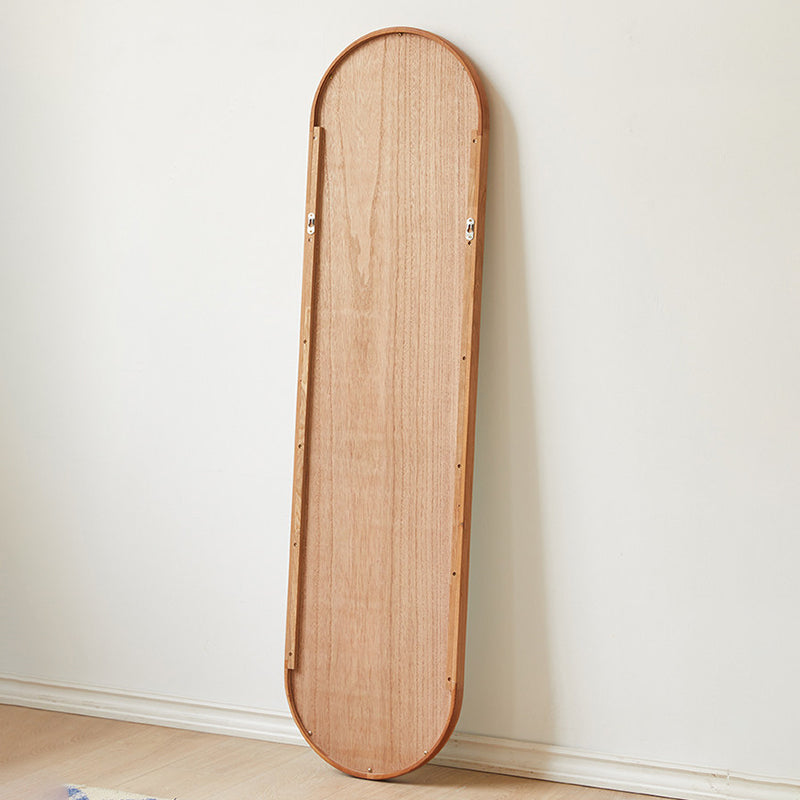 Contemporary Nordic Walnut Cherry Wood & Plywood Glass Oval Wall Mirror With Floor-Standing & Wall-Mounted Design For Entryway, Living Room, Bedroom