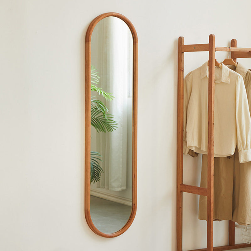Contemporary Nordic Walnut Cherry Wood & Plywood Glass Oval Wall Mirror With Floor-Standing & Wall-Mounted Design For Entryway, Living Room, Bedroom