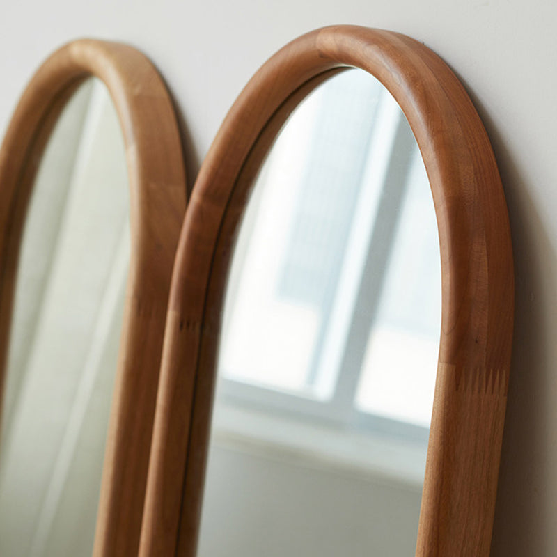 Contemporary Nordic Walnut Cherry Wood & Plywood Glass Oval Wall Mirror With Floor-Standing & Wall-Mounted Design For Entryway, Living Room, Bedroom