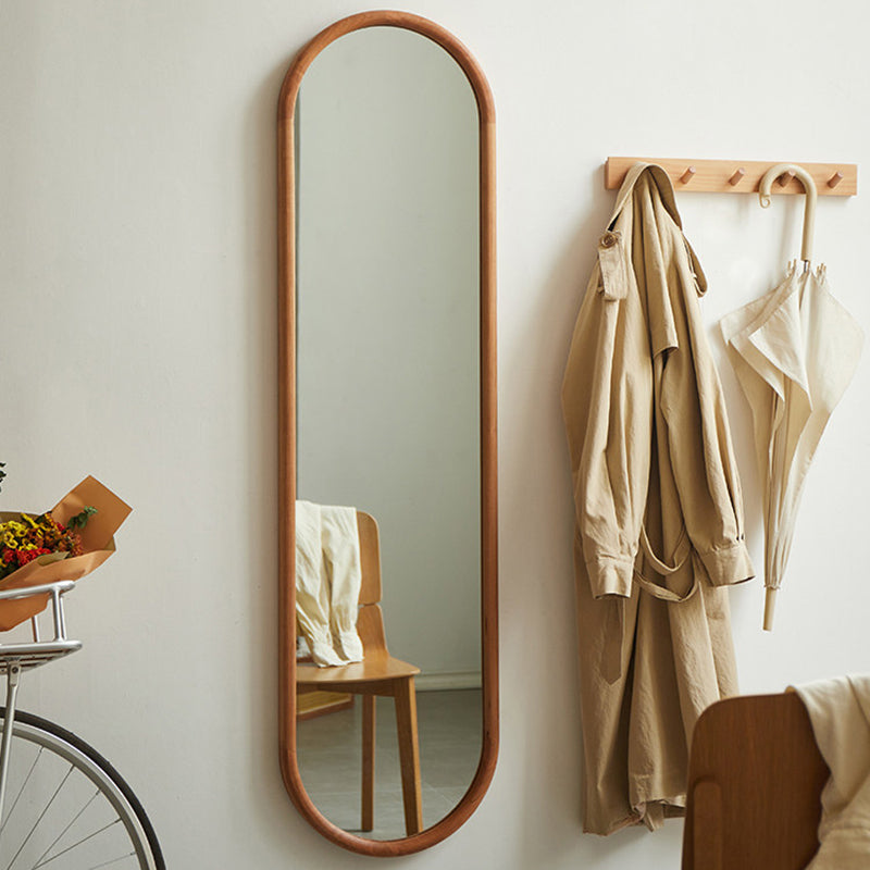 Contemporary Nordic Walnut Cherry Wood & Plywood Glass Oval Wall Mirror With Floor-Standing & Wall-Mounted Design For Entryway, Living Room, Bedroom