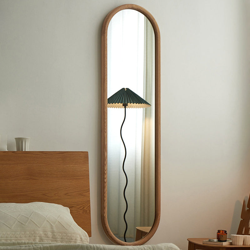 Contemporary Nordic Walnut Cherry Wood & Plywood Glass Oval Wall Mirror With Floor-Standing & Wall-Mounted Design For Entryway, Living Room, Bedroom
