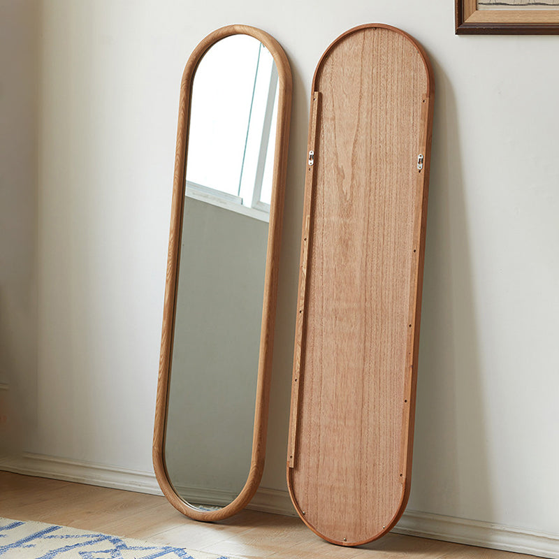 Contemporary Nordic Walnut Cherry Wood & Plywood Glass Oval Wall Mirror With Floor-Standing & Wall-Mounted Design For Entryway, Living Room, Bedroom